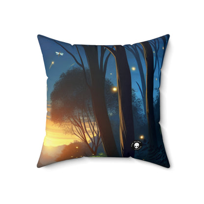 "Atardecer encantado: Luciérnagas en el bosque" - Almohada cuadrada de poliéster hilado extraterrestre