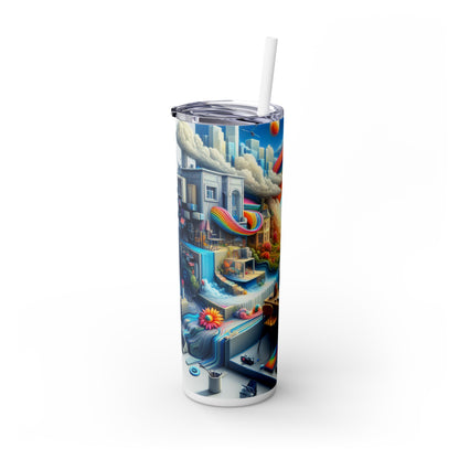 "Futuristic Fusion: A Simulationist Cityscape" - The Alien Maars® Skinny Tumbler with Straw 20oz Simulationism