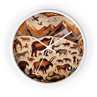 Title: "Ancient Encounter: The Battle of Giants" - The Alien Wall Clock Cave Painting