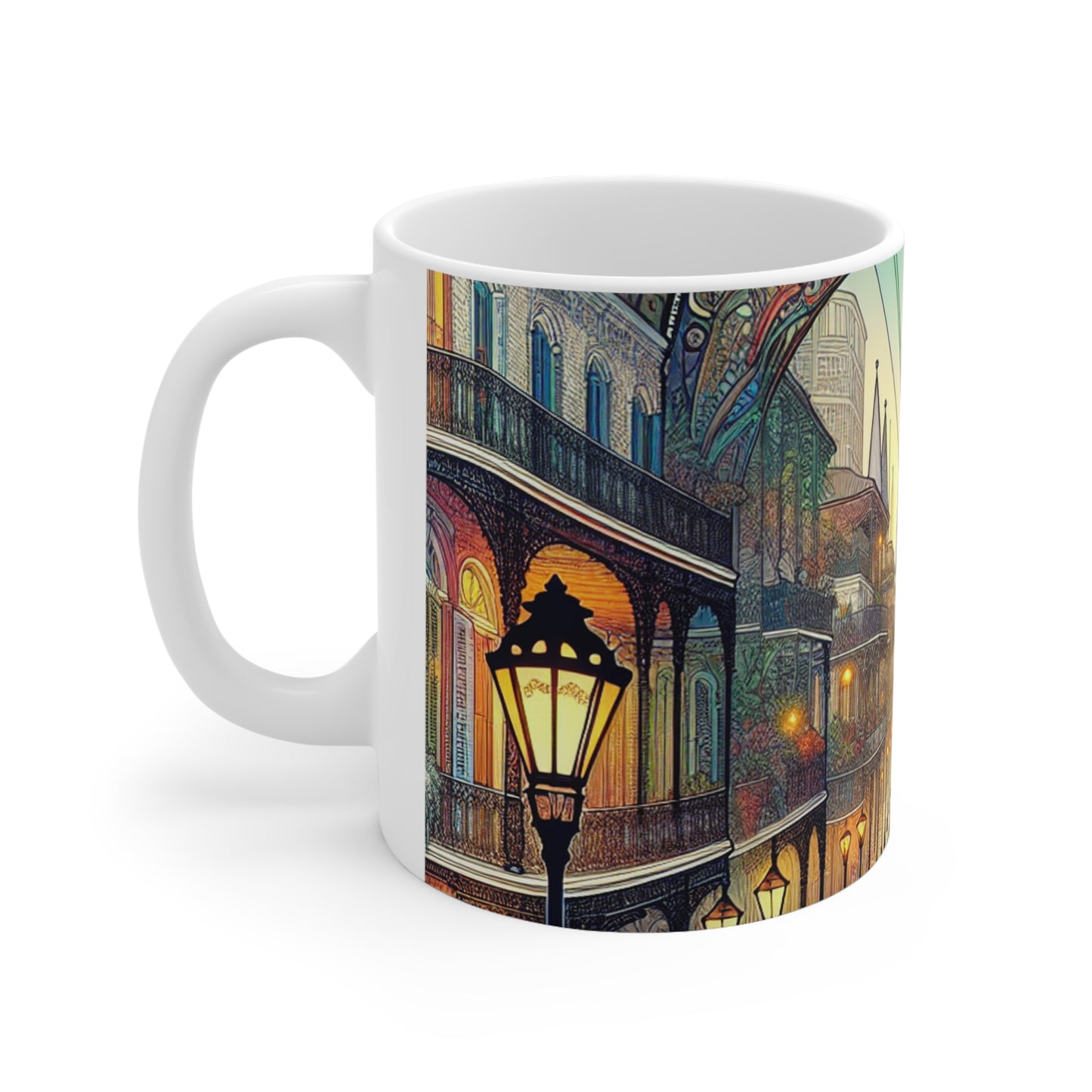 "Vivid Splendor: Una imagen del barrio francés de Nueva Orleans" - Taza de cerámica The Alien de 11 oz estilo Art Nouveau