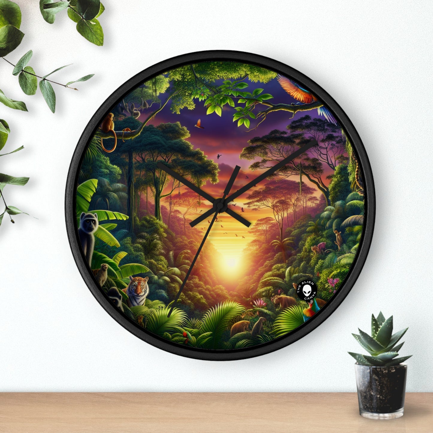 "Atardecer en la jungla: un encuentro salvaje" - El reloj de pared alienígena