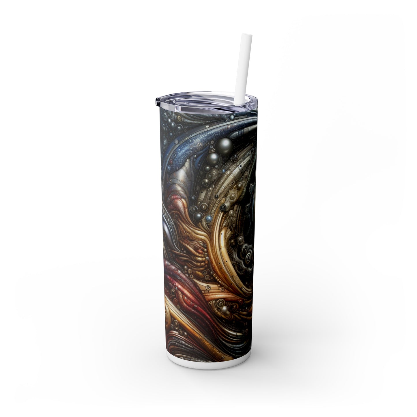 "Bio-Mech Cityscape: Harmonious Fusion" - The Alien Maars® Skinny Tumbler with Straw 20oz Bio-mechanical Art