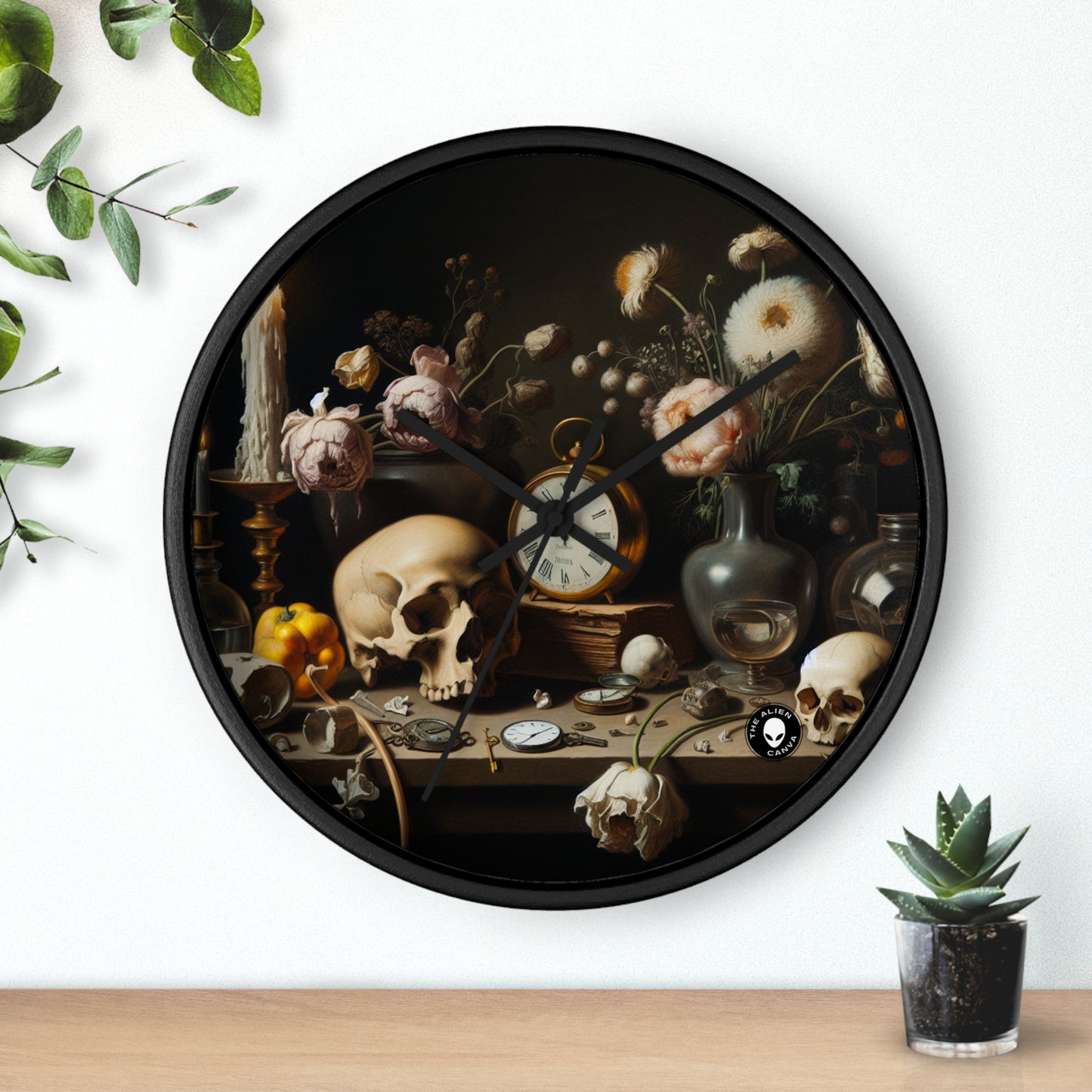 "Decadencia digital: una Vanitas contemporánea que examina el consumismo en el siglo XXI" - The Alien Wall Clock Vanitas Painting