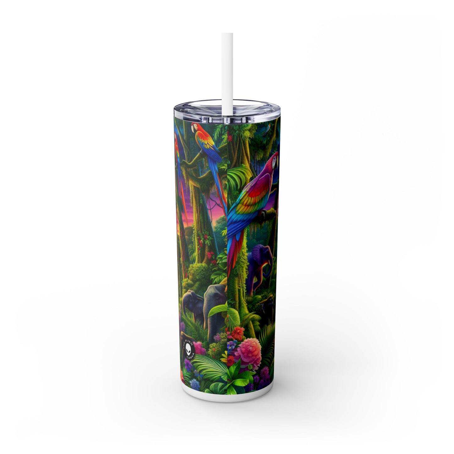 « Coucher de soleil dans la nature : une aventure dans la jungle arc-en-ciel » - Le verre fin Alien Maars® avec paille 20 oz