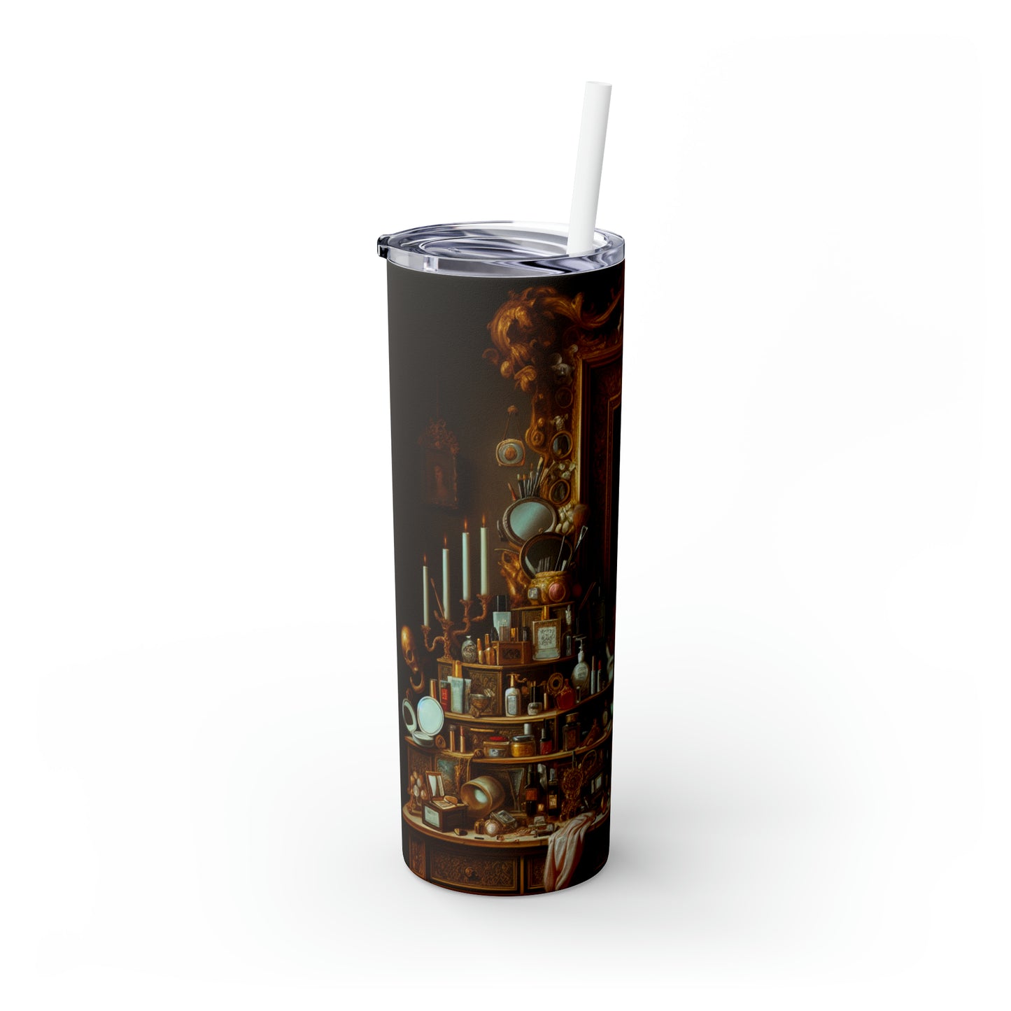 "The Vanity of Luxury: A Modernized Vanitas" - The Alien Maars® Skinny Tumbler with Straw 20oz Vanitas Painting