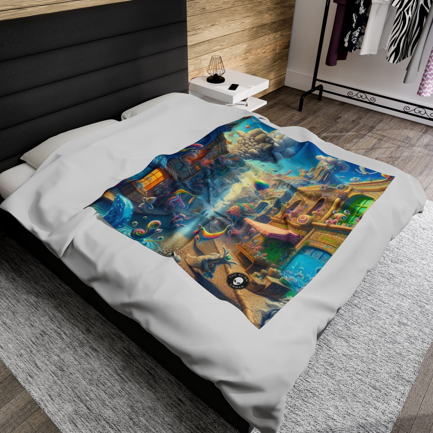 "Whimsical Wonders: A Vibrant Street Scene" - The Alien Velveteen Plush Blanket