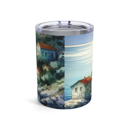 "Glimpse of a Seaside Haven" - The Alien Tumbler 10oz Watercolor Painting Style