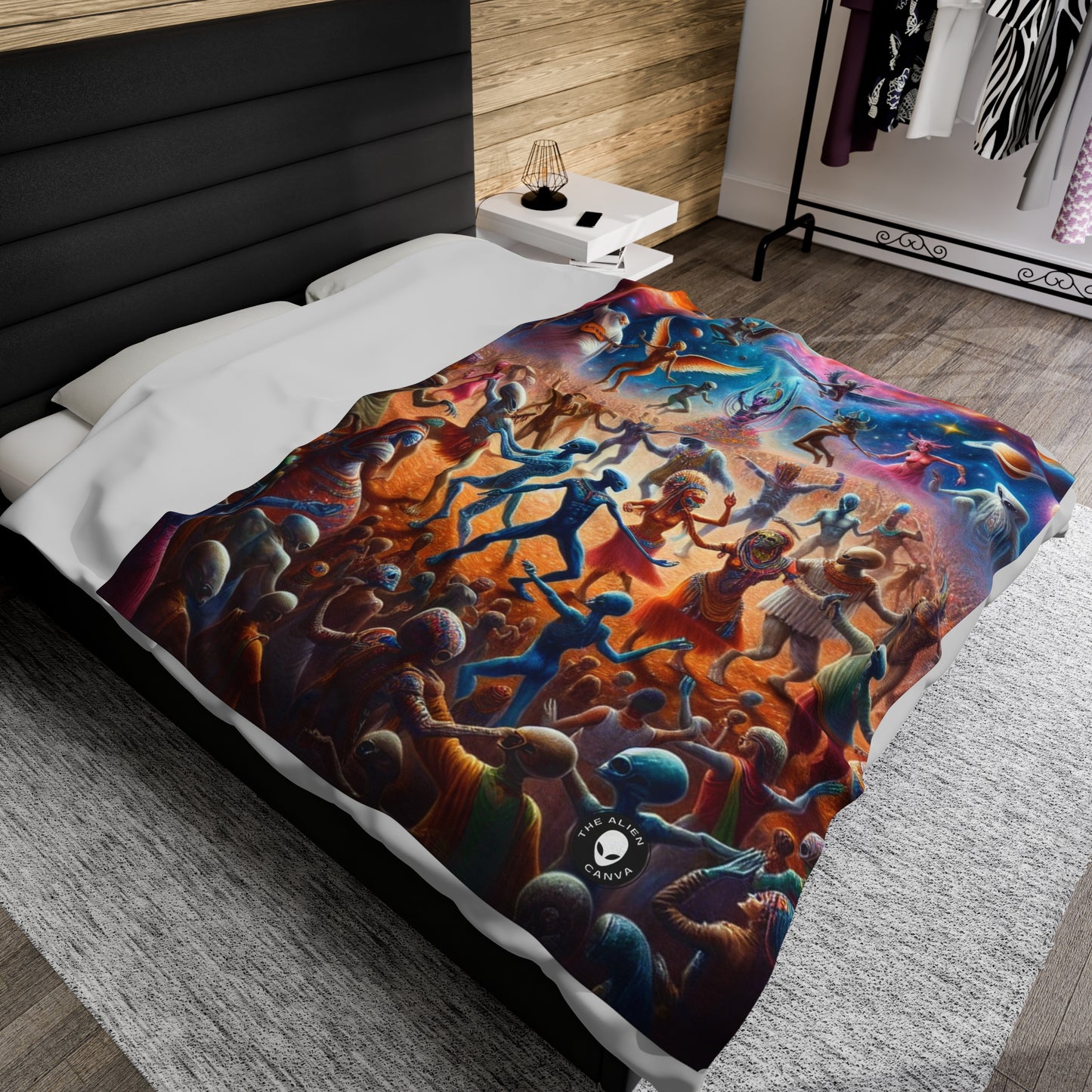 "Interstellar Rave: Embracing Cosmic Unity" - The Alien Velveteen Plush Blanket