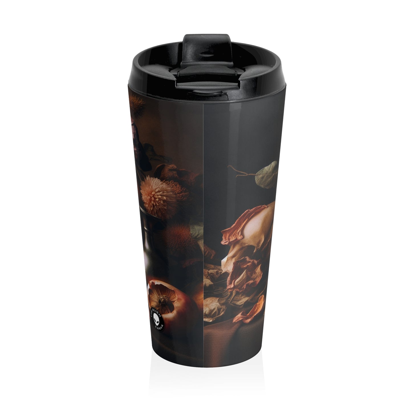 "Fleeting Beauty: A Vibrant Vanitas Painting Depicting the Passage of Time and Transient Nature of Life" - The Alien Stainless Steel Travel Mug Vanitas Painting