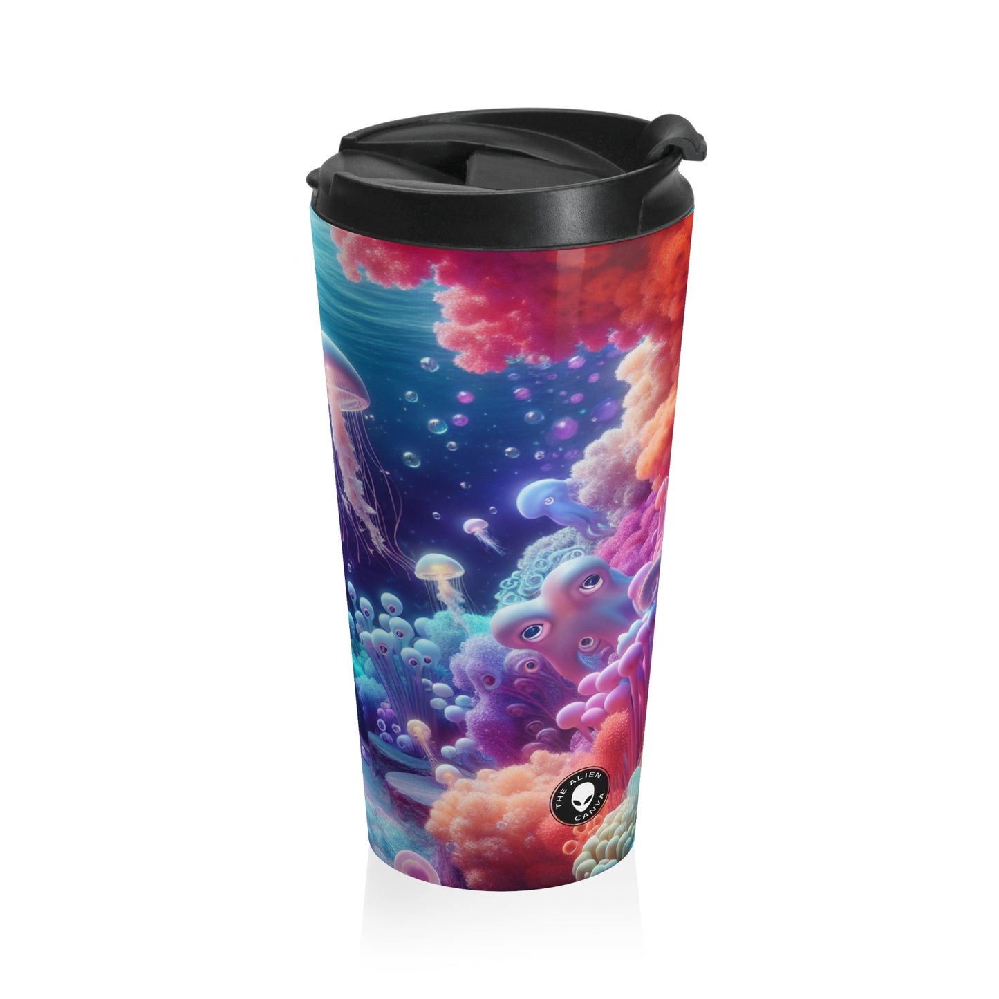 Enchanting Underwater Realm: Glowing Jellyfish and Curious Octopus - The Alien Stainless Steel Travel Mug