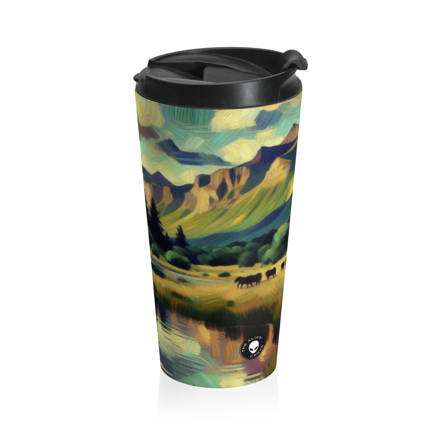 "Dusk in the Countryside: A Vibrant Post-Impressionist Painting" - The Alien Stainless Steel Travel Mug Post-Impressionism