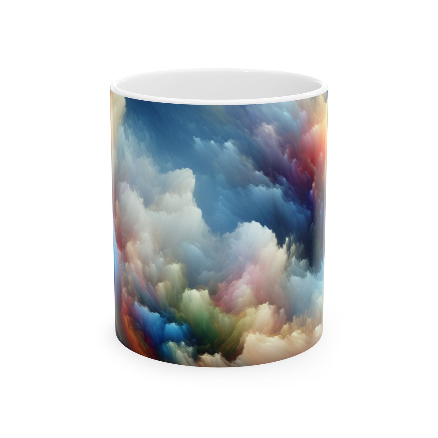 "Paisaje nuboso arcoíris: un sueño surrealista en acuarela" - Taza de cerámica The Alien de 11 oz