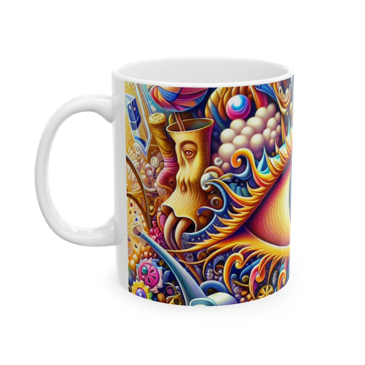 "Cityscape Dreams: Une scène nocturne surréaliste" - La tasse en céramique Alien 11oz Réalisme magique