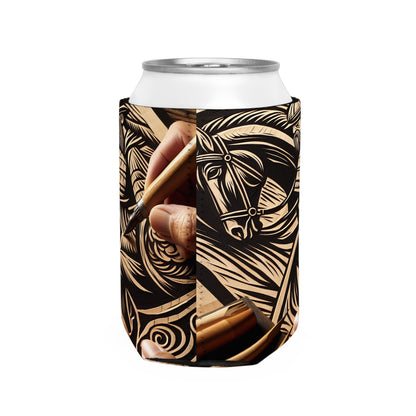 "Enchanting Shadows: A Woodcut Print of the Dancing Northern Lights" - The Alien Can Cooler Sleeve Woodcut Printing