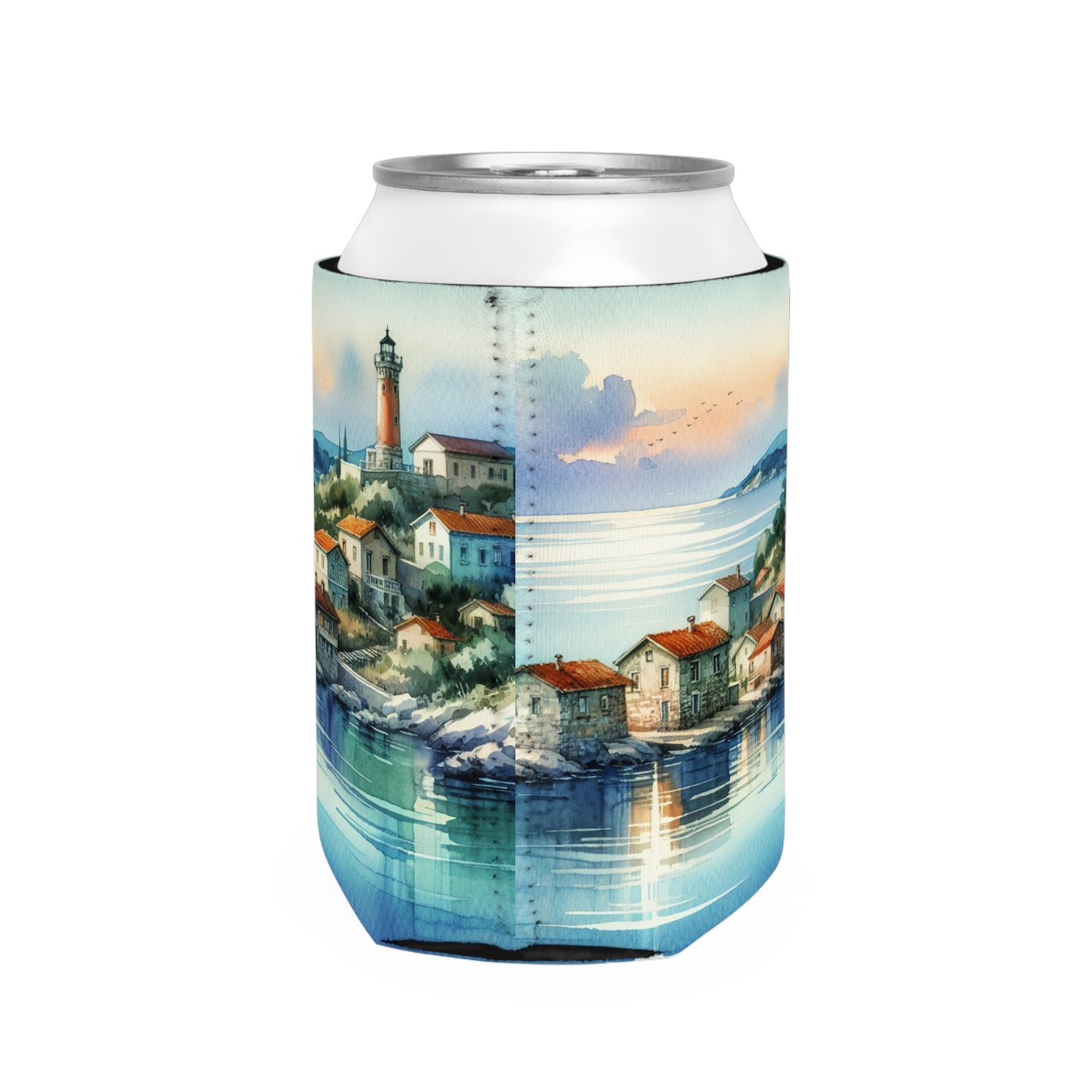 "Glimpse of a Seaside Haven" - The Alien Can Cooler Sleeve Watercolor Painting Style