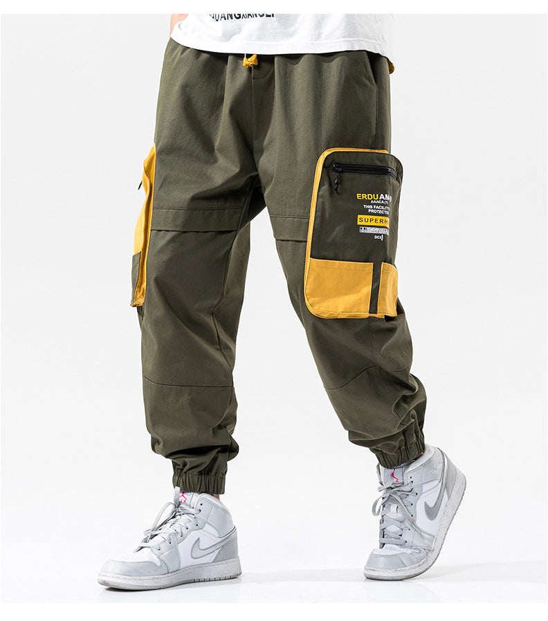 Pantalon cargo ample imprimé color-block avec grandes poches