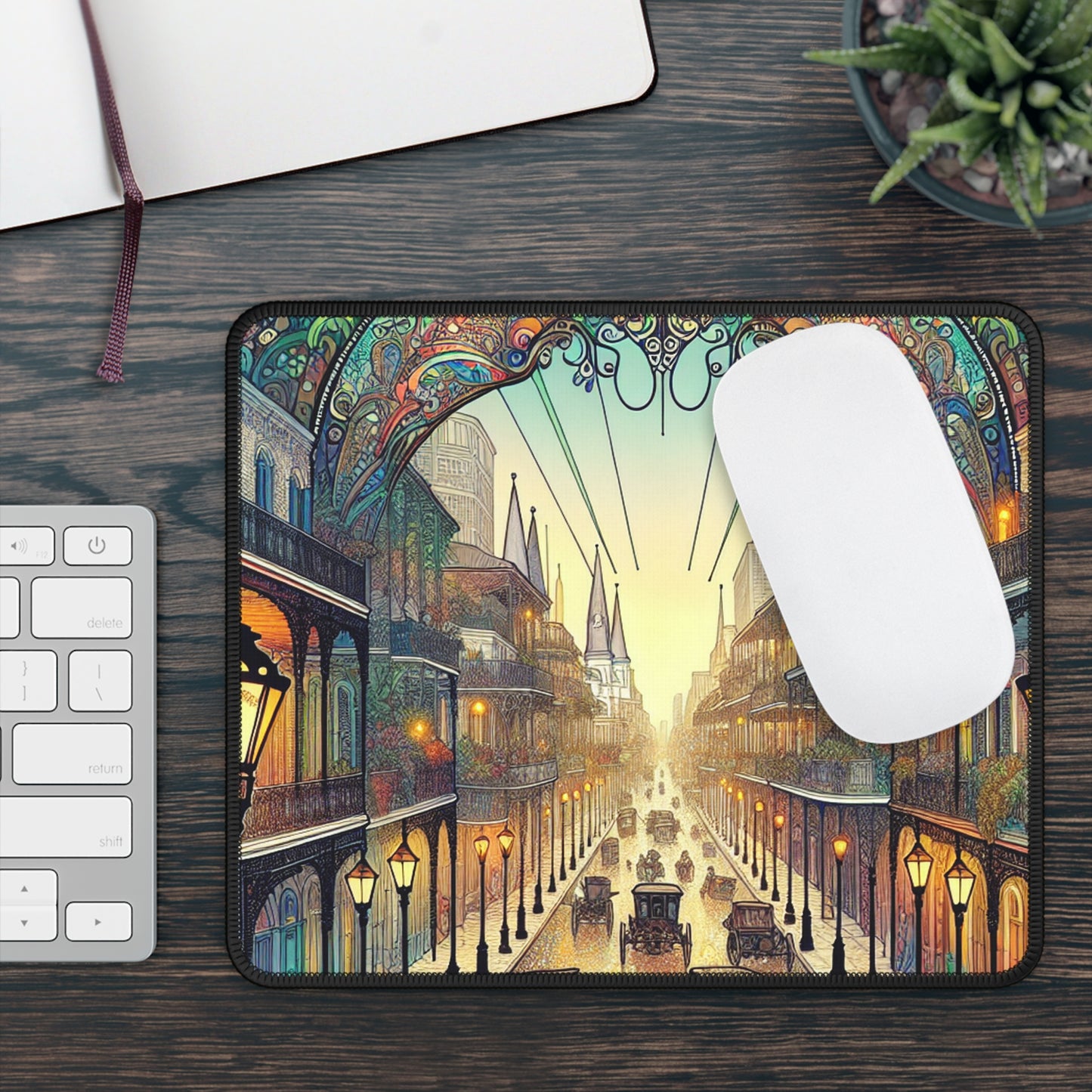 « Vivid Splendor : Une image du quartier français de la Nouvelle-Orléans » – Le tapis de souris Alien Gaming Style Art Nouveau