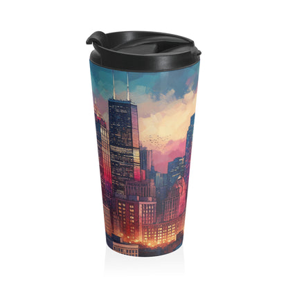 "Dusky Reflections: City Skyline at Sunset" - The Alien Stainless Steel Travel Mug