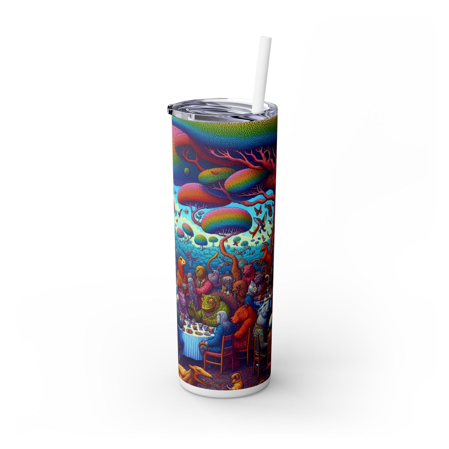 "Animal Tea Party in a Rainbow Wonderland" - The Alien Maars® Skinny Tumbler with Straw 20oz