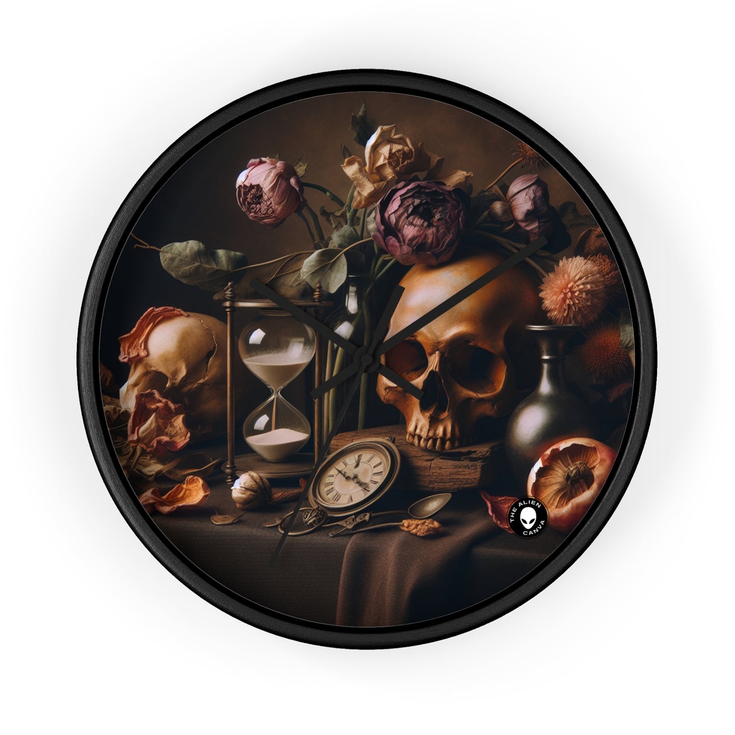 "Beauté éphémère : une peinture de Vanitas vibrante illustrant le passage du temps et la nature éphémère de la vie" - La peinture de Vanitas de l'horloge murale extraterrestre