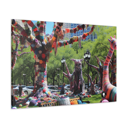 Title: "Yarnscaped City: A Whimsical Fiber Art Fusion" - The Alien Canva Yarn Bombing (Fiber Art)