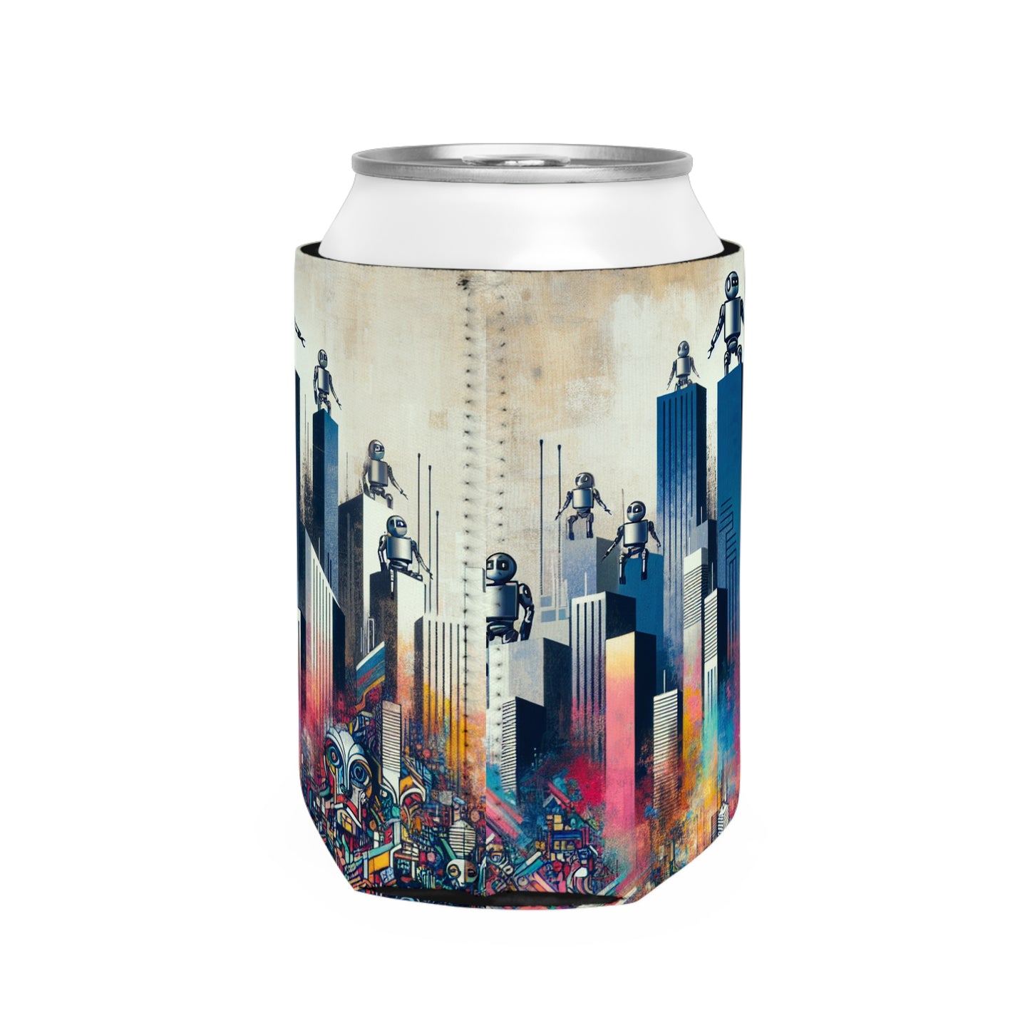 "Paysage urbain robotique : une fresque murale futuriste" - The Alien Can Cooler Sleeve Street Art / Graffiti