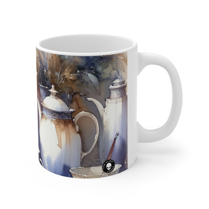 "Un atardecer tranquilo junto al río" - Taza de cerámica alienígena, pintura de acuarela de 11 oz