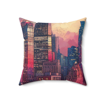 "Dusky Reflections: City Skyline at Sunset"- The Alien Spun Polyester Square Pillow