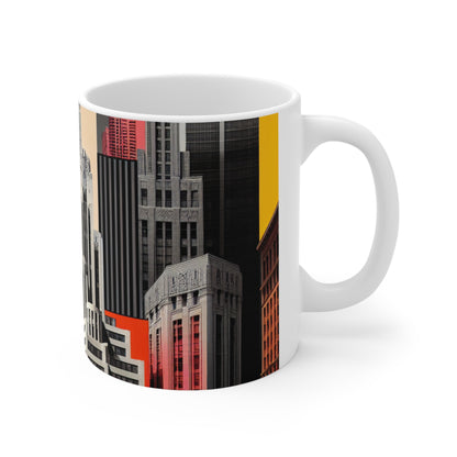 "A Contrast of Times: Classic Art Deco Skyscrapers and a Modern Cityscape" - The Alien Ceramic Mug 11oz Art Deco Style