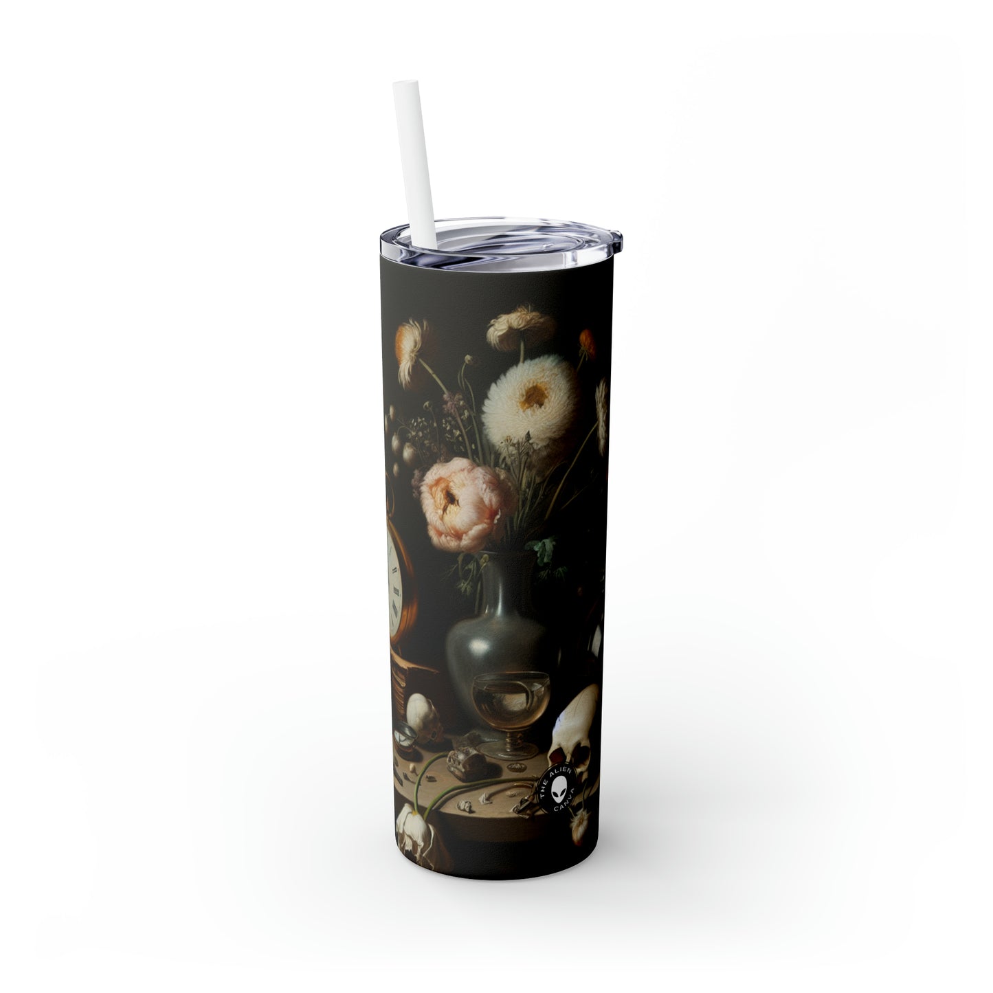 "Digital Decay: A Contemporary Vanitas Examining Consumerism in the 21st Century" - The Alien Maars® Skinny Tumbler with Straw 20oz Vanitas Painting