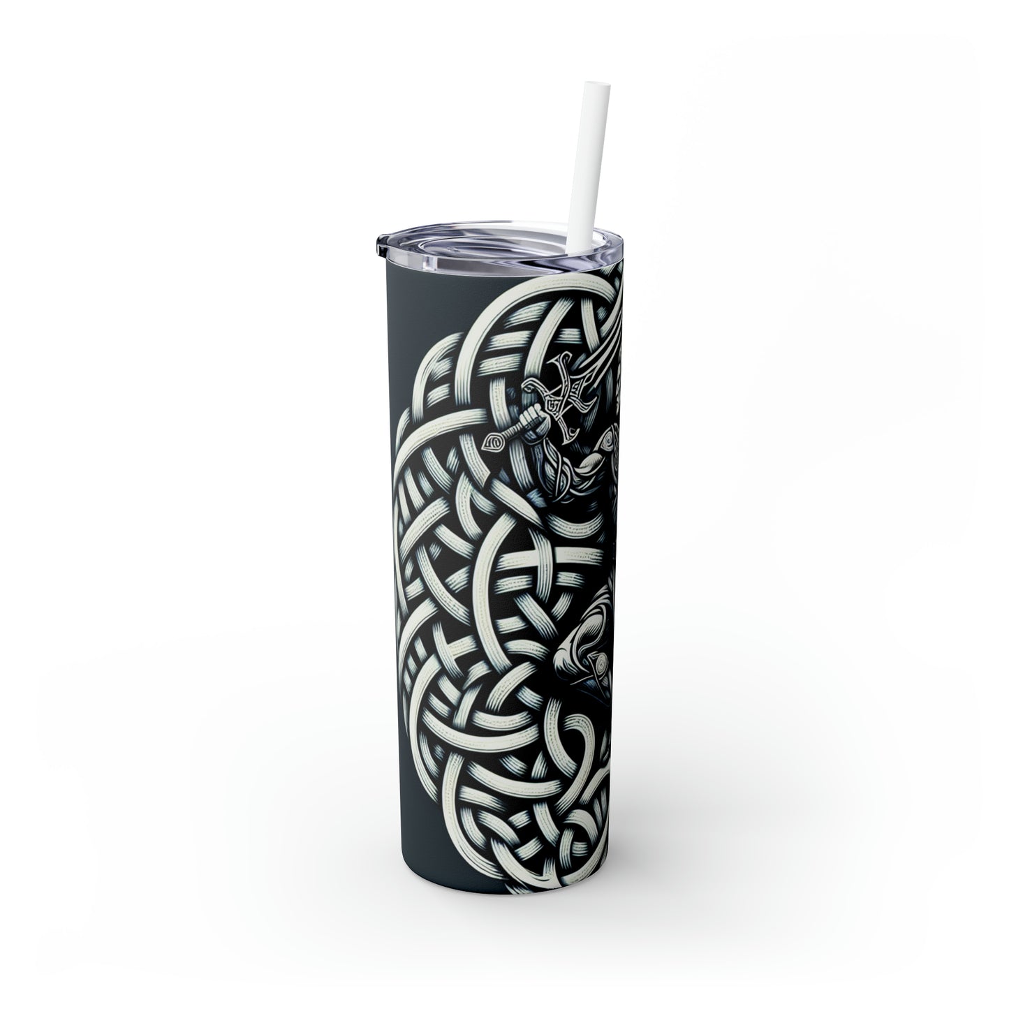 "Celtic Knight: Sword & Shield in Ancient Knots" - The Alien Maars® Skinny Tumbler with Straw 20oz Celtic Art Style