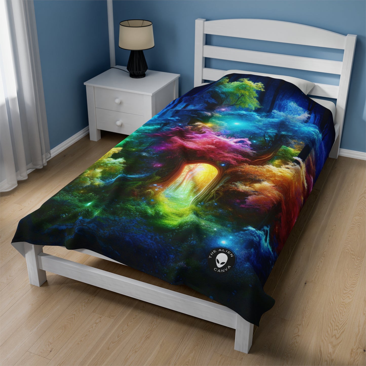 "Enchanted Rainbow Forest: Gateway to the Unseen Realm" - The Alien Velveteen Plush Blanket