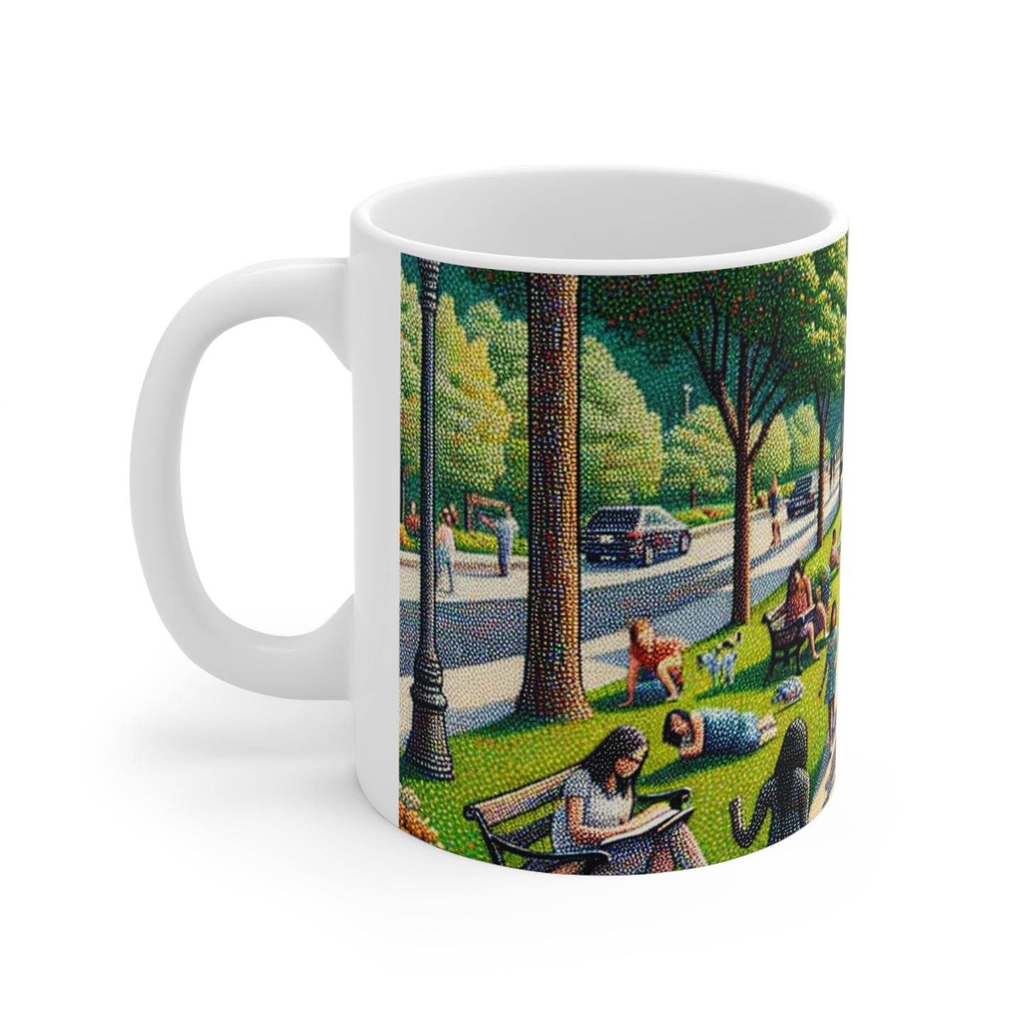 "Dotty Cityscape" - La taza de cerámica alienígena estilo puntillismo de 11 oz