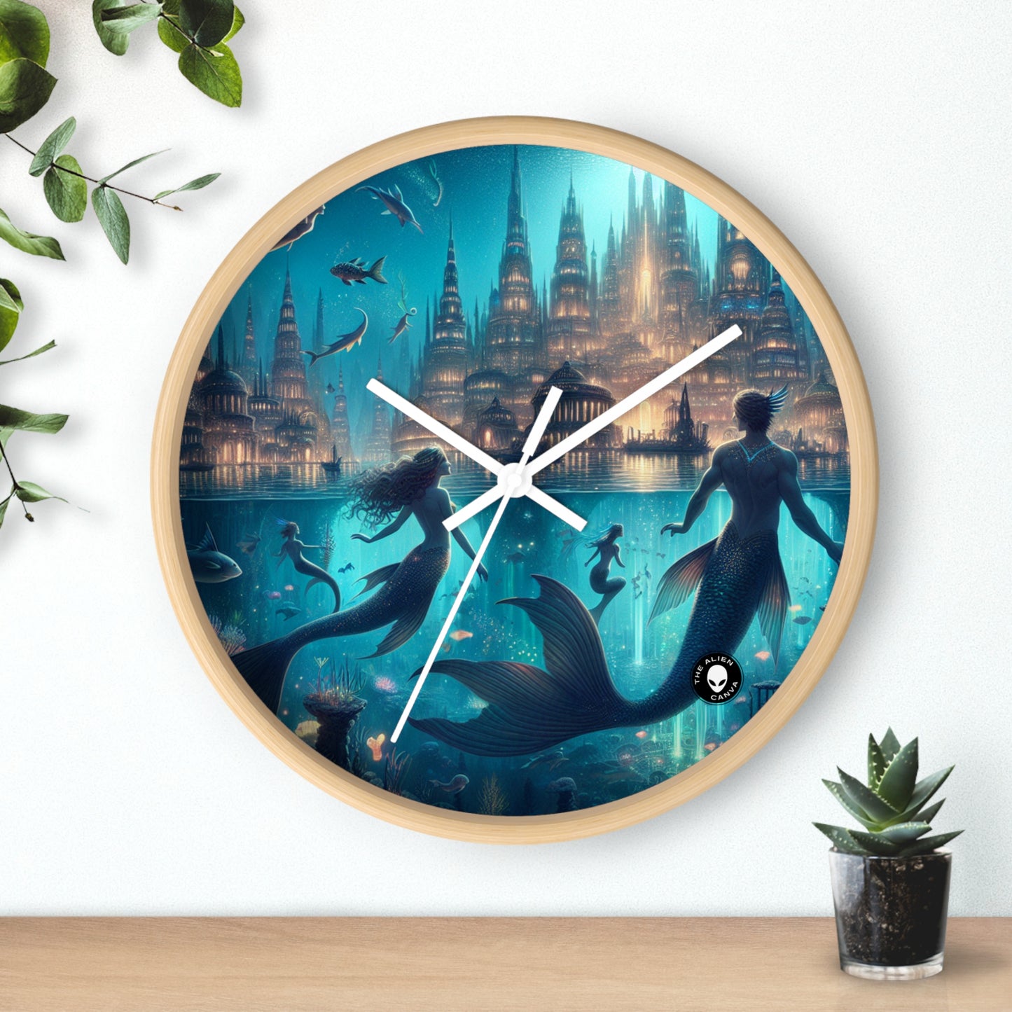 "Atlántida iluminada: una ciudad de criaturas marinas místicas" - El reloj de pared alienígena