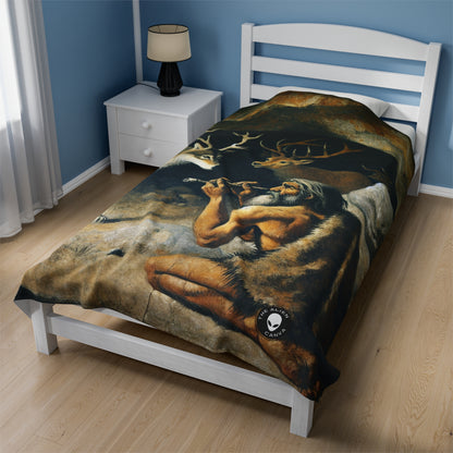 "Hunter and Wolf: In Pursuit of Prey." - The Alien Velveteen Plush Blanket Cave Painting