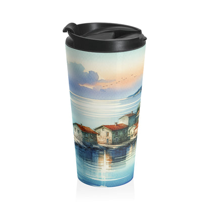 "Glimpse of a Seaside Haven" - The Alien Stainless Steel Travel Mug Watercolor Painting Style