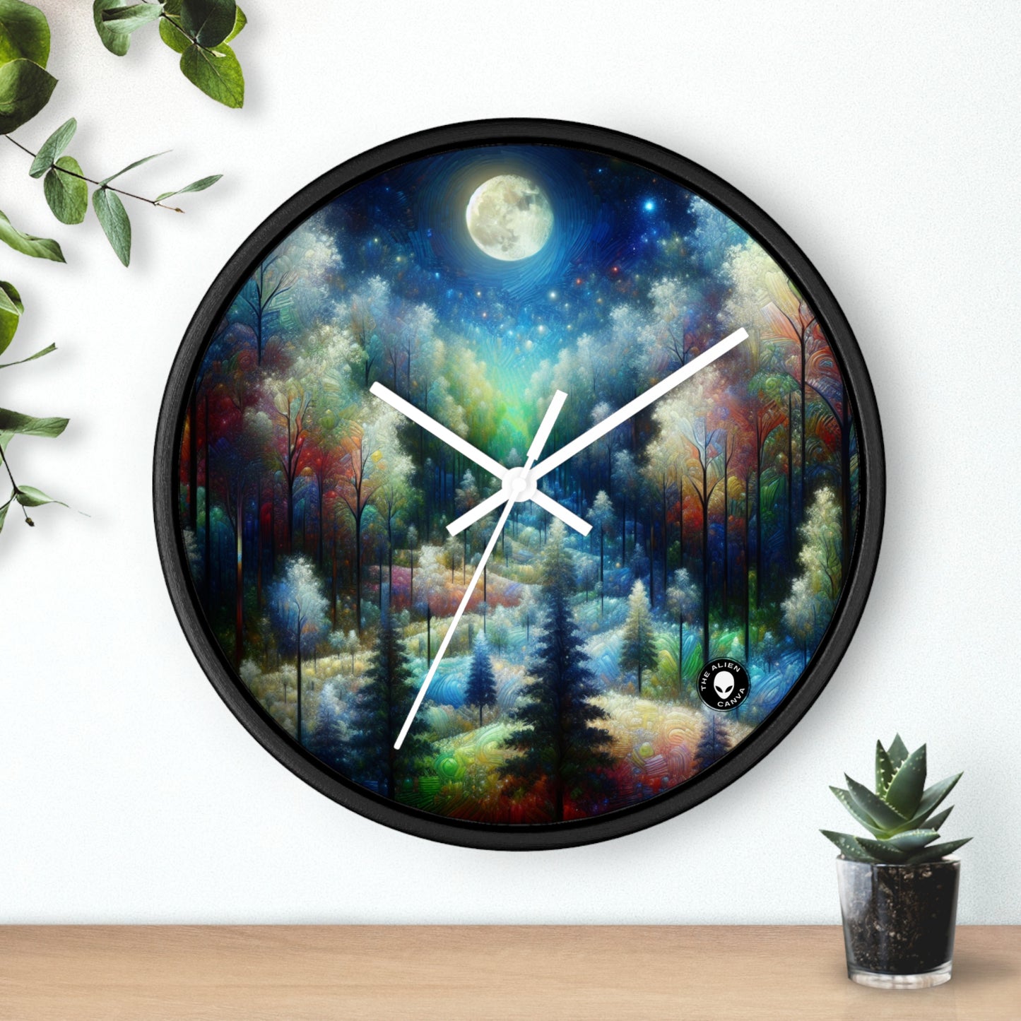 "Enchantement au clair de lune : une forêt vibrante" - L'horloge murale extraterrestre