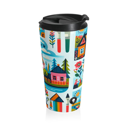 "Whimsical Village: A Folk Art Fairytale" - The Alien Stainless Steel Travel Mug Folk Art