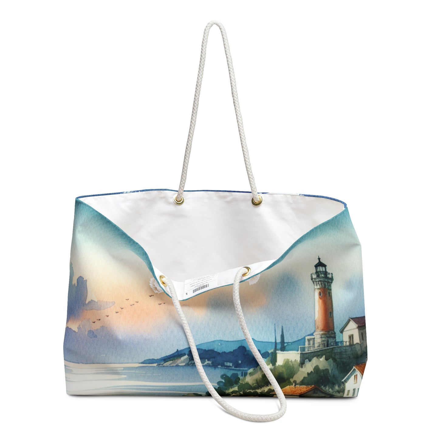 "Glimpse of a Seaside Haven" - The Alien Weekender Bag Watercolor Painting Style