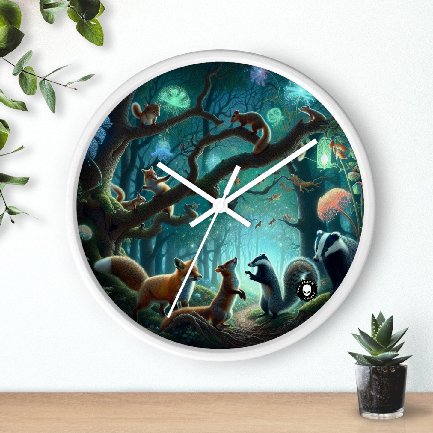 "Animales místicos: criaturas retozando en un bosque encantado" - El reloj de pared alienígena