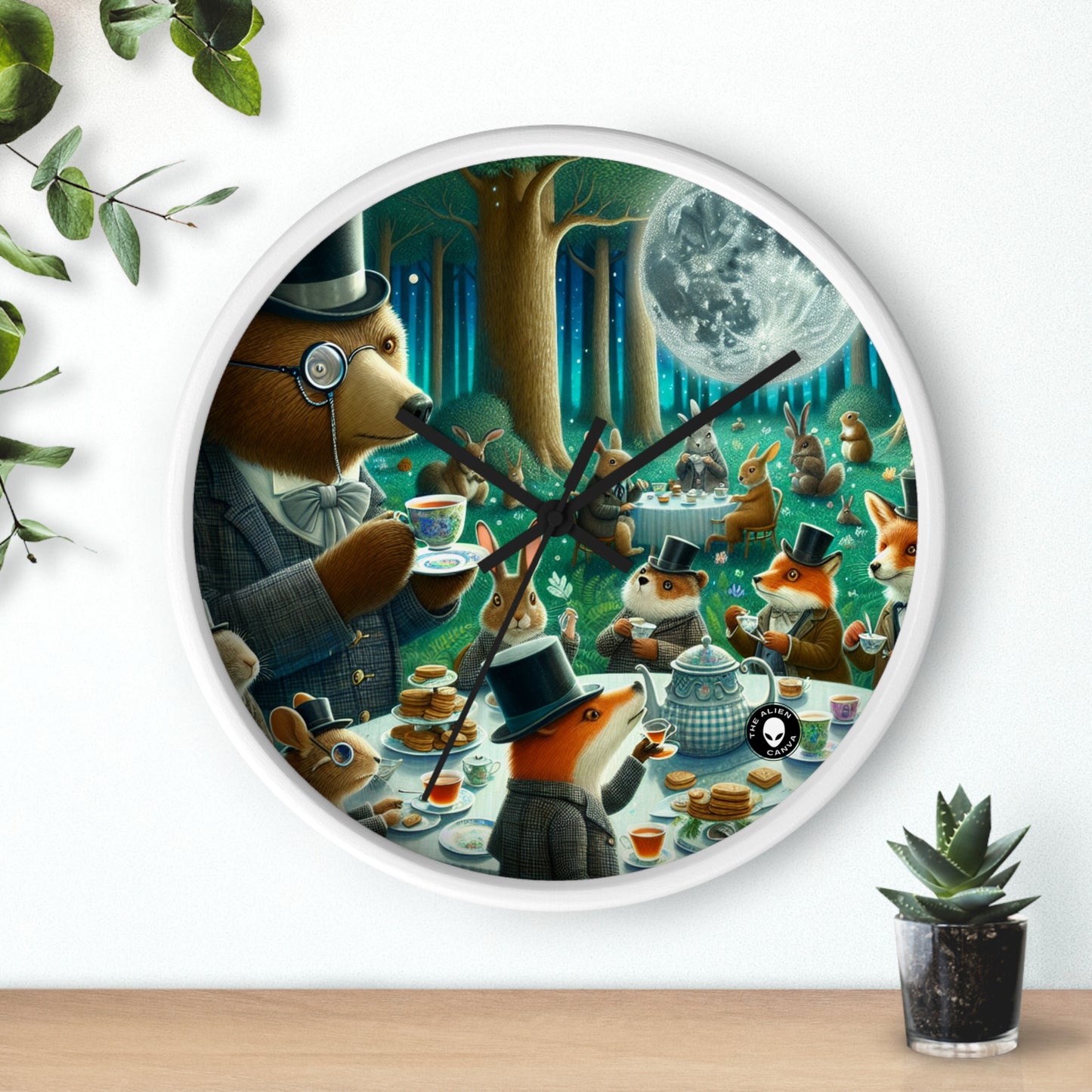 "Fiesta de té encantada a la luz de la luna en el bosque" - El reloj de pared alienígena