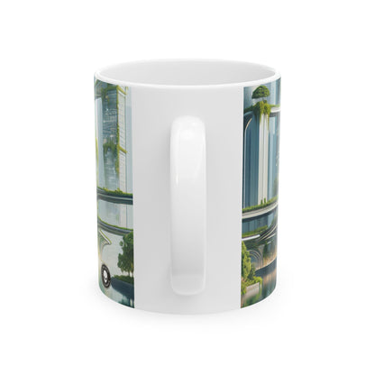 "La fusión de la naturaleza: un paisaje urbano futurista" - Taza de cerámica The Alien de 11 oz