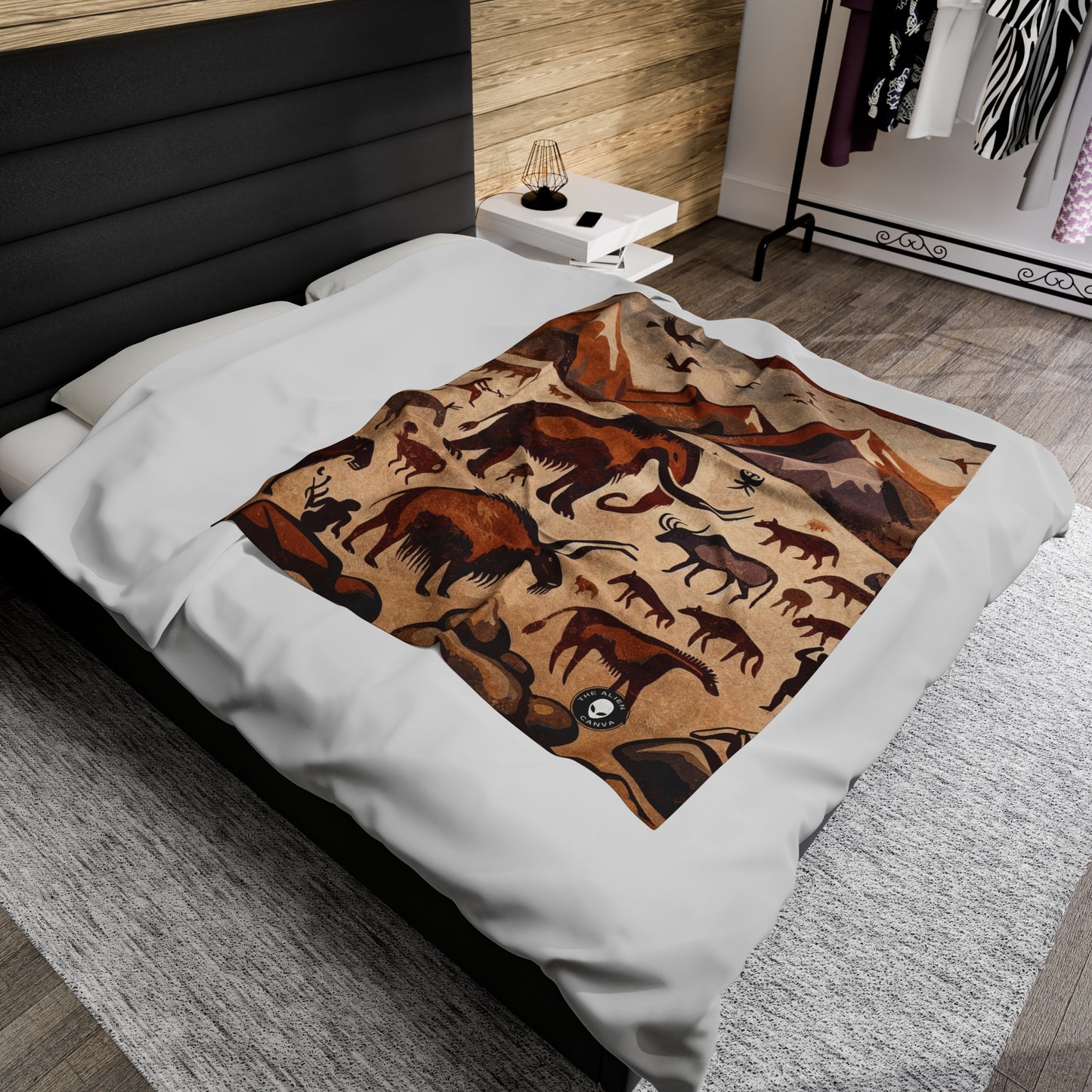 Title: "Ancient Encounter: The Battle of Giants" - The Alien Velveteen Plush Blanket Cave Painting