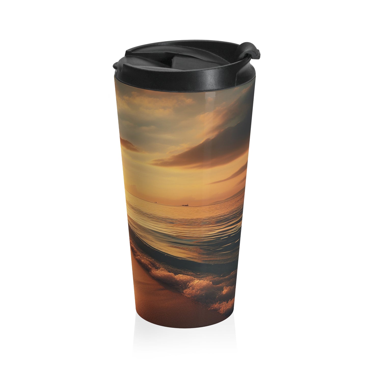 "Un paseo por la playa al atardecer" - The Alien Taza de viaje de acero inoxidable estilo fotorrealismo