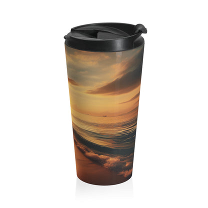 "Un paseo por la playa al atardecer" - The Alien Taza de viaje de acero inoxidable estilo fotorrealismo