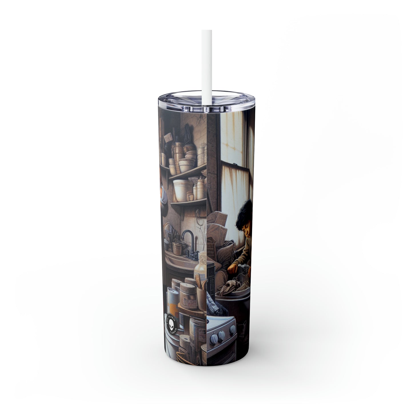 « Déraciné : un portrait de déplacement » - The Alien Maars® Skinny Tumbler avec paille 20oz Réalisme social