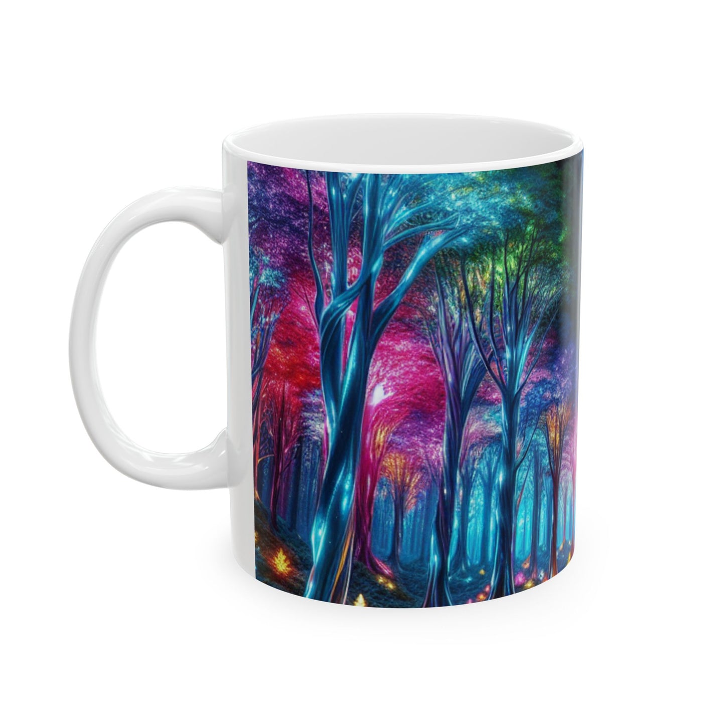 "Crystal Glow: El bosque encantado" - Taza de cerámica alienígena de 11 oz