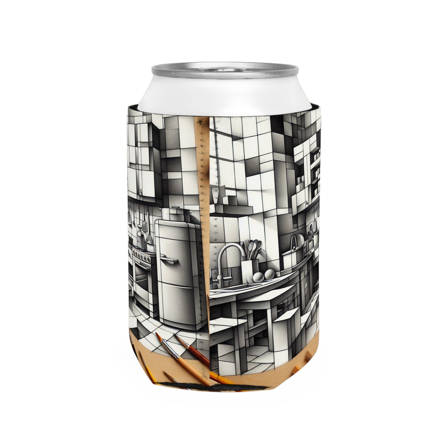 "Cubist Kitchen Collage" - The Alien Can Cooler Sleeve Cubism Style