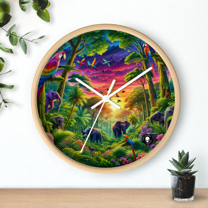 "Atardecer en la naturaleza: una aventura en la jungla del arcoíris" - El reloj de pared alienígena