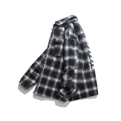 Printed colorblock lapel plaid shirt